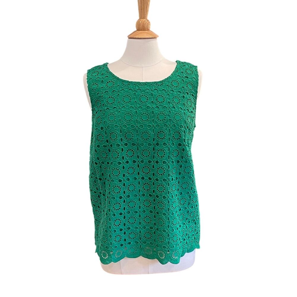 Talbots Kelly Green Eyelet Sleeveless Blouse, Preppy, Casual, Size 12